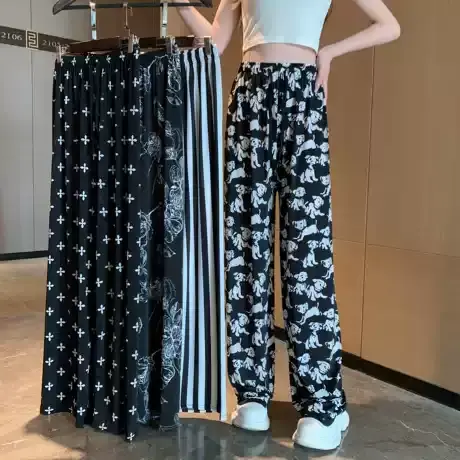 高腰拖地裤女韩版感趣味小奶狗阔腿女垂感长裤条纹休闲卡卡拉风裤图片