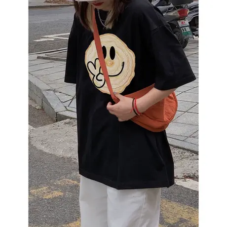 纯棉笑脸美式设计感短袖t恤女夏季ins潮牌宽松港味复古chic上衣服图片