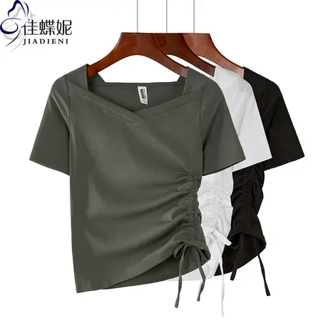 夏季新款韩版纯棉修身纯色简约方领抽绳短袖体恤上衣内搭打底衫女商品大图