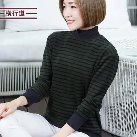 胖MM黑白条纹高领妈妈打底衫大码女装2023长袖t恤宽松冬装上衣服图片