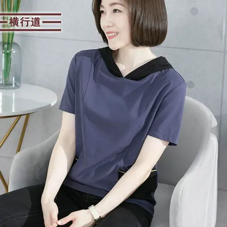 胖MM连帽上衣半袖大码夏季女装撞色口袋中年妈妈装2023短袖t恤女商品大图