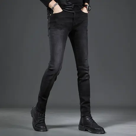 香港潮牌牛仔裤男款秋冬季黑色修身小脚裤弹力男士牛仔裤2022新款商品大图