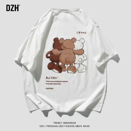 男生情侣小熊印花t恤男短袖ins潮流纯棉上衣2023新款夏季衣服体恤商品大图