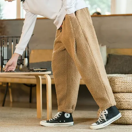 冬季男休闲裤中国风复古羊羔毛哈伦裤胖子裤子加肥加大码保暖长裤商品大图