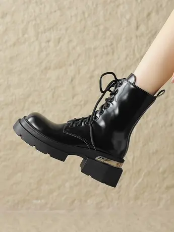 马丁靴女2023年春秋靴子新款配裙英伦风小短靴女士厚底女款显腿细商品大图