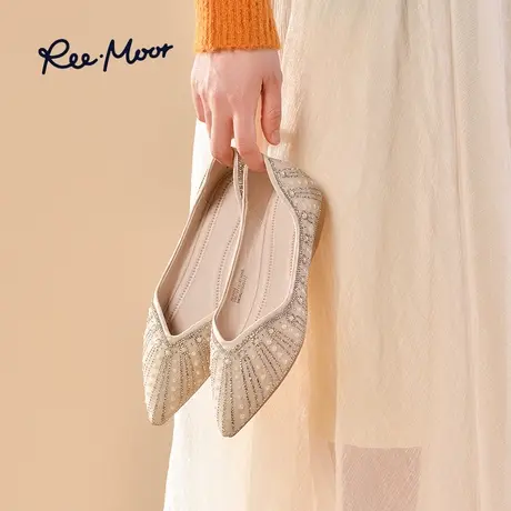 REEMOOR水钻尖头单鞋女浅口珍珠百搭舒适仙女风平底鞋蛋卷鞋婚鞋商品大图