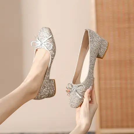 法式婚鞋伴娘鞋女粗跟不累脚2023新款蝴蝶结低跟方头单鞋气质名媛商品大图