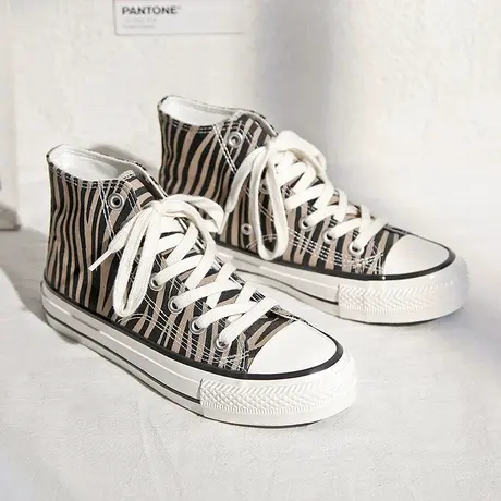 斑马纹帆布鞋女2023春秋季新款原宿港风休闲鞋高帮布鞋百搭板鞋子商品大图