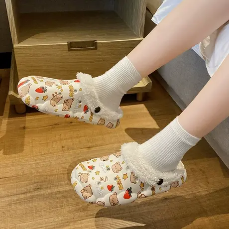 可爱卡通印花洞洞鞋女秋冬季居家室内外穿棉拖鞋加绒保暖包头拖鞋商品大图
