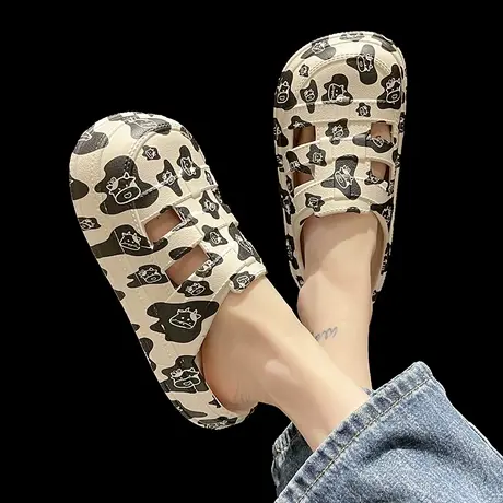 可爱奶牛印花洞洞鞋女夏季学生外穿包头厚底踩屎感沙滩防滑凉拖鞋商品大图