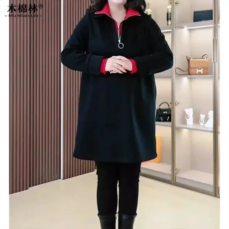木棉林加肥加大中长款卫衣春秋加绒保暖显瘦中老年人妈妈上衣外套商品大图