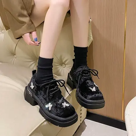 乐福鞋女2024年新款复古英伦风高跟粗跟单鞋配裙子厚底绒面休闲鞋商品大图