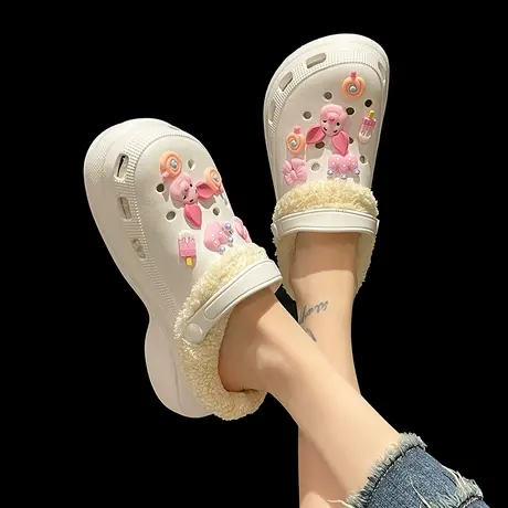 加绒洞洞鞋女冬季卡通可爱小猪松糕厚底增高防滑室内外穿包头棉拖商品大图