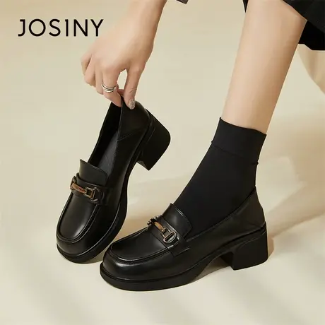 Josiny/卓诗尼黑色乐福鞋女2024新款春季增高松糕鞋子百搭小皮鞋商品大图