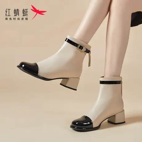 红蜻蜓女鞋早秋靴子小香风短靴女真皮2023新款中筒皮靴英伦风秋冬图片