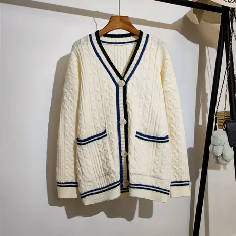 中长款针织开衫女秋冬新款宽松慵懒风v领韩版长袖毛衣外套学院风商品大图