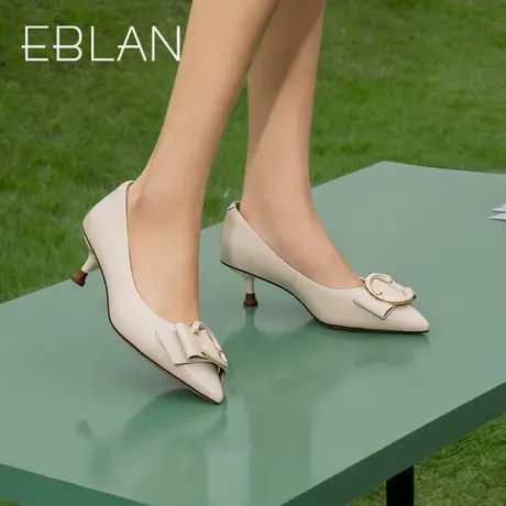 伊伴2023秋季新款女鞋气质高跟单鞋C扣羊皮细跟单鞋一脚蹬通勤鞋商品大图