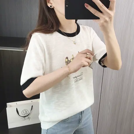 2024夏季新款薄款针织衫女装短袖上衣女宽松减龄圆领拼色卡通T恤商品大图