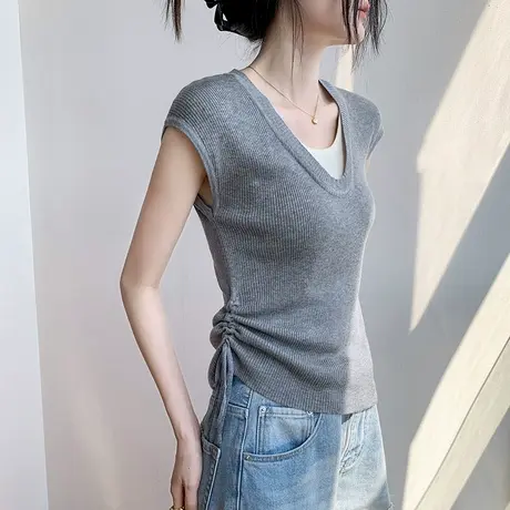 歌倍尚假两件撞色坎肩针织无袖背心女2025夏季新款修身显瘦上衣女商品大图
