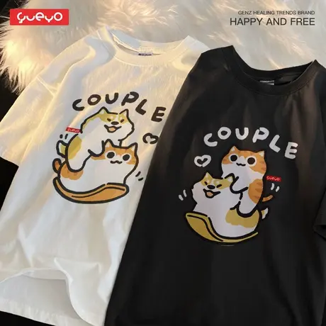 悦游 猫狗坐木马 美式情侣装夏季短袖T恤原创情侣卡通玩耍童年商品大图