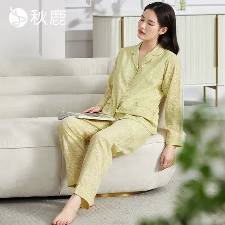 秋鹿长袖小翻领梭织棉女士睡衣春秋季甜美长裤家居服女春薄款套装商品大图