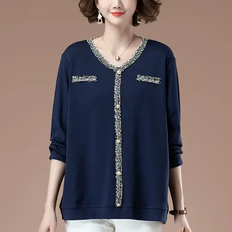 长袖t恤女春秋新款大码女装宽松中年妈妈纯棉洋气遮肚显瘦打底衫商品大图