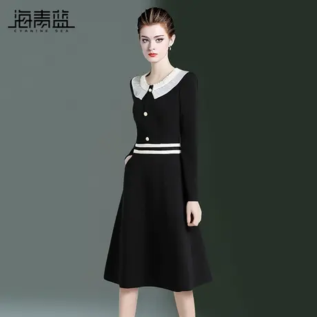 海青蓝赫本风娃娃领小黑裙女2024秋装新款通勤拼接修身显瘦连衣裙图片