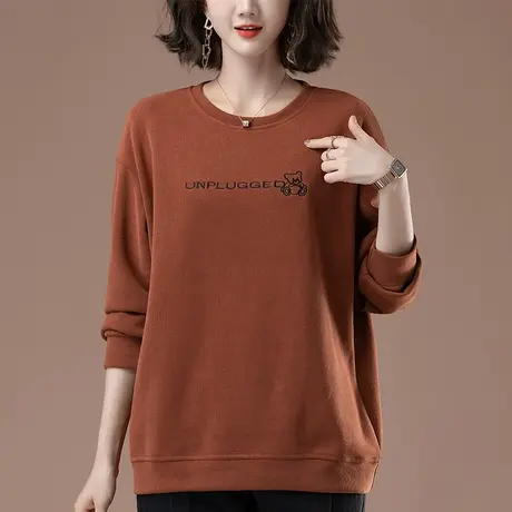 中年妈妈卫衣女春秋薄款加肥加大码女装宽松休闲刺绣圆领套头上衣商品大图