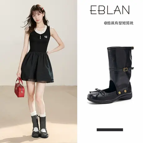 EBLAN/伊伴芭蕾风玛丽珍堆堆靴女2025夏季新款镂空中筒短靴裤管靴商品大图