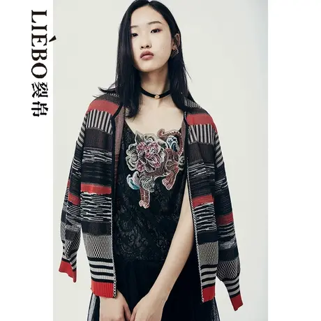 裂帛LIEBOFeng2023年设计师解构风撞色街头条纹百搭上衣针织开衫图片