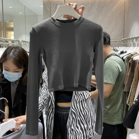 正肩t恤女长袖2023早秋冬季新款修身打底衫内搭短款紧身上衣春秋图片