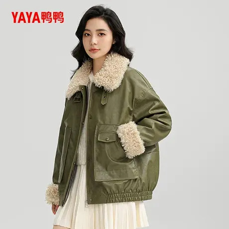 鸭鸭短款羽绒服夹克女2025秋冬新品拼接毛领 时尚休闲外套J商品大图