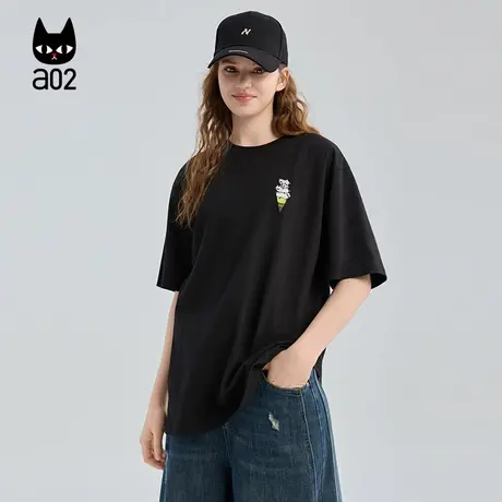a02黑猫系列黑色圆领短袖T恤女2025新款秋季宽松设计感纯棉上衣图片