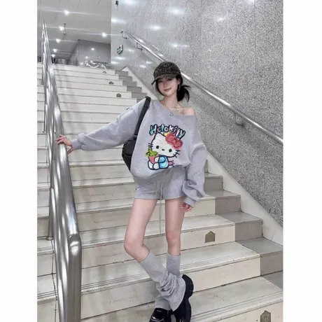 灰色kt猫印花露肩无帽卫衣女秋季新款美式休闲宽松慵懒小众上衣潮商品大图