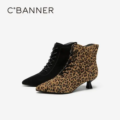 千百度豹纹时尚尖头中跟时装靴女2025冬季新款细高跟女靴羊皮短靴商品大图
