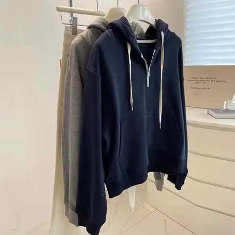 cec超火半拉链连帽卫衣女薄款秋装百搭小众设计感宽松上衣外套潮商品大图