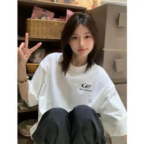 美式高街重磅短袖t恤女夏季宽松韩版小众设计感情侣潮牌上衣纯棉图片