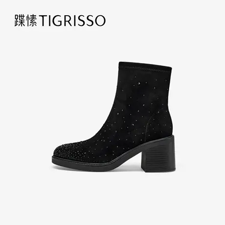 蹀愫2025冬季新款烫钻粗跟时装靴增高7cm羊绒显瘦短靴TA65704-12商品大图