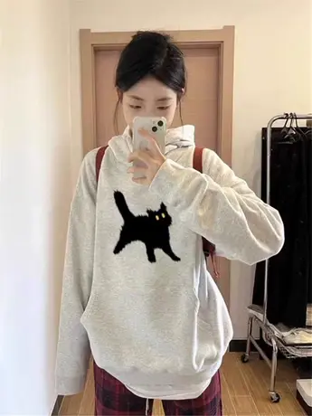 美式慵懒chic卫衣秋冬加绒加厚连帽灰色百搭上衣ins潮情侣装外套商品大图