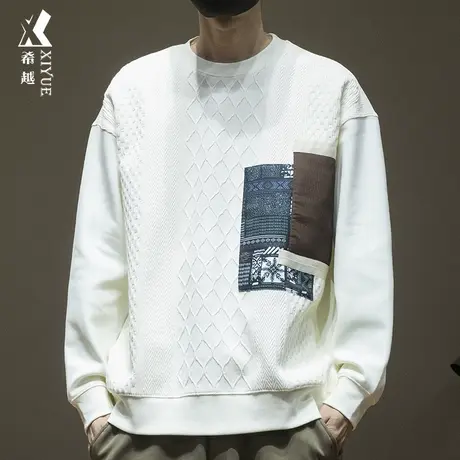 希越无帽重磅卫衣男春秋季日系潮流宽松大码拼接小圆领内搭打底衫商品大图