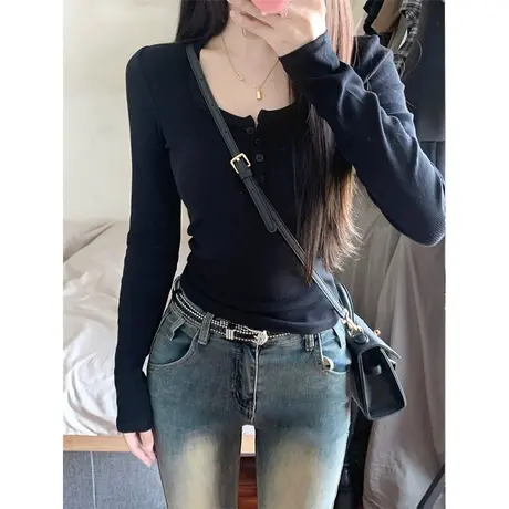 灰色修身正肩V领T恤女早秋季薄款长袖打底衫紧身显瘦上衣辣妹内搭商品大图