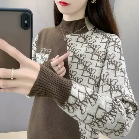 法式时尚拼色高领毛衣女2023新款秋冬减龄漂亮内搭套头针织衫上衣商品大图