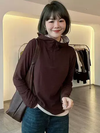 连帽半拉链卫衣女2023秋冬新款保暖韩版时尚百搭显瘦假两件上衣潮图片