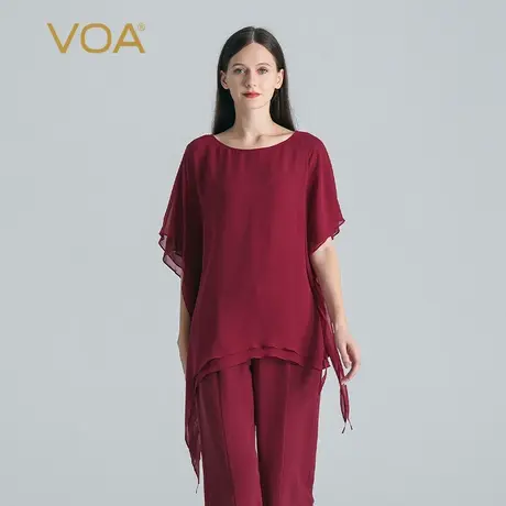 VOA酒红双层乔其桑蚕丝圆领连肩蝙蝠短袖大码休闲真丝套头T恤衫图片