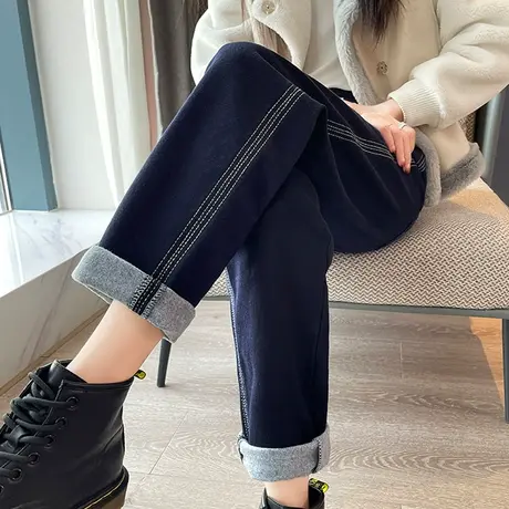 牛仔裤女直筒春秋季2025新款卷边宽松高腰显瘦修身烟管深蓝色裤子图片