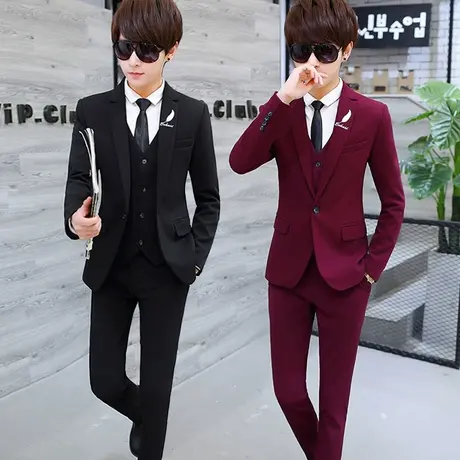 韩版休闲单西外套潮流男装修身帅气小西服男士秋季职业西装三件套图片