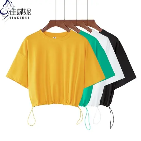 夏季新款韩版纯棉短款抽绳宽松纯色休闲圆领短袖体恤上衣简约女装商品大图