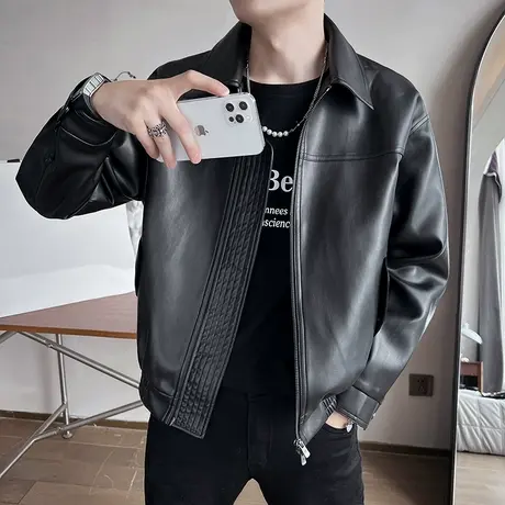 纯色机车皮衣外套ins潮春秋高街帅气美式hiphop潮牌翻领原宿夹克图片