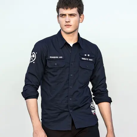 VIP长袖衬衫男青年春秋薄款工装外套纯棉休闲复古牛仔衬衣服潮牌商品大图