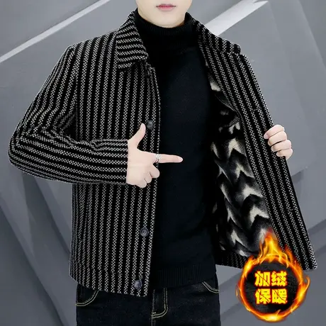 冬装休闲金貂绒夹克男士条纹加绒加厚毛呢大衣高端百搭短款外套潮图片